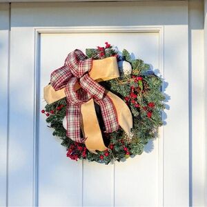 Festive Christmas Pine Holiday Wreath with Gold and Red Accents, 23‎ inches wide
